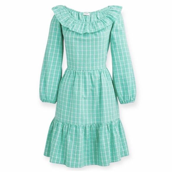 J.CREW Factory NWT $110 Seersucker Ruffleneck Mini Preppy Plaid Dress Size 8 - Picture 1 of 7